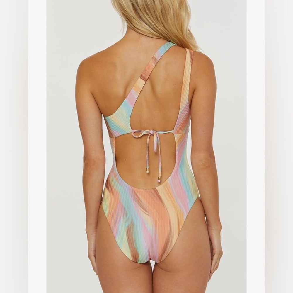LARGE NWT Asymmetrical Pastel Striped Women's One Piece Bikini pink multi color - Picture 2 of 6